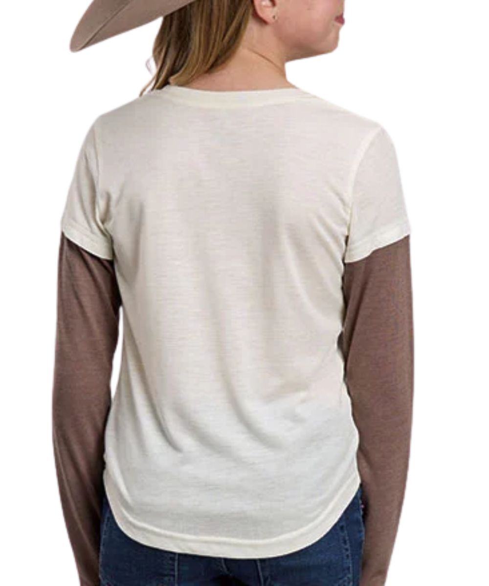 Back view of the girl's white/cream graphic tee featuring the brown double-layered long sleeves