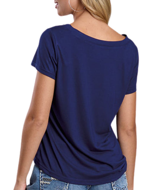 Back view of the Americana tee featuring a solid print and scoop neckline.