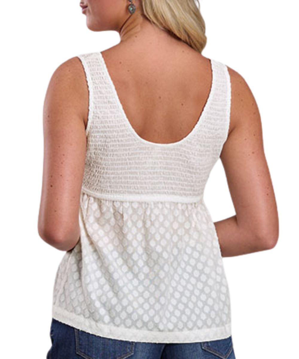 Back view of the women's white babydoll tank top featuring a deep round neckline on the back
