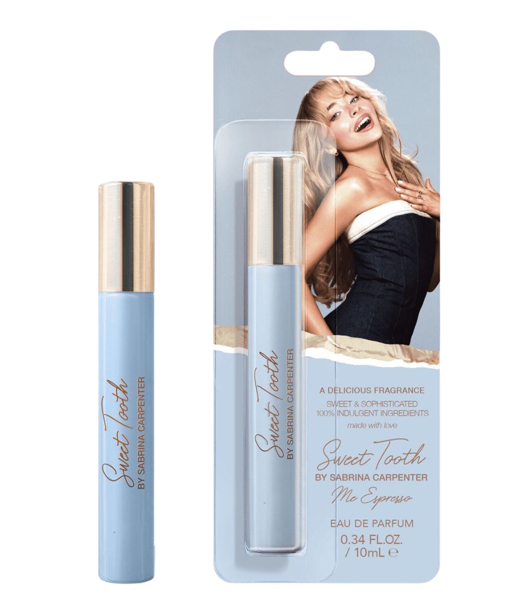 Flat view of the women's Me Espresso mini travel spray from the Sweet Tooth Collection by Saprina Carpenter from Roper