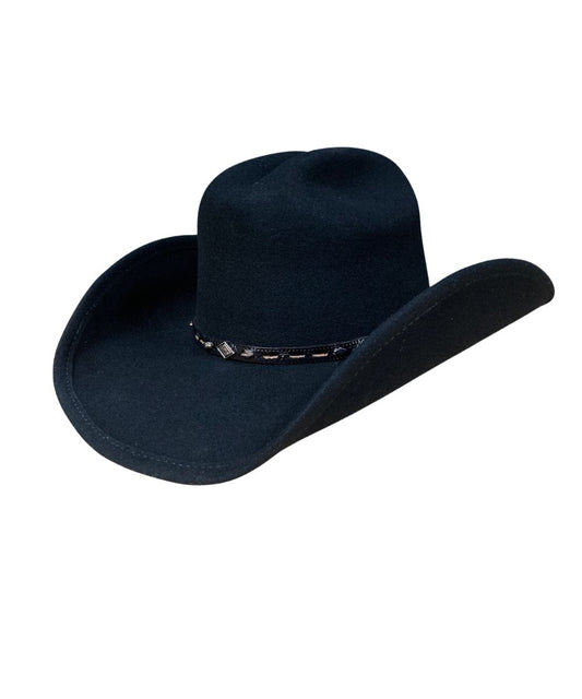 A black felt cowboy hat with a decorative band featuring metallic silver and white details, shown on a plain white background.