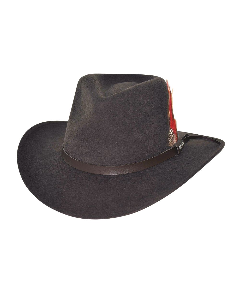 A dark brown felt cowboy hat with a brown leather band and a red feather accent on the side, shown against a plain white background.
