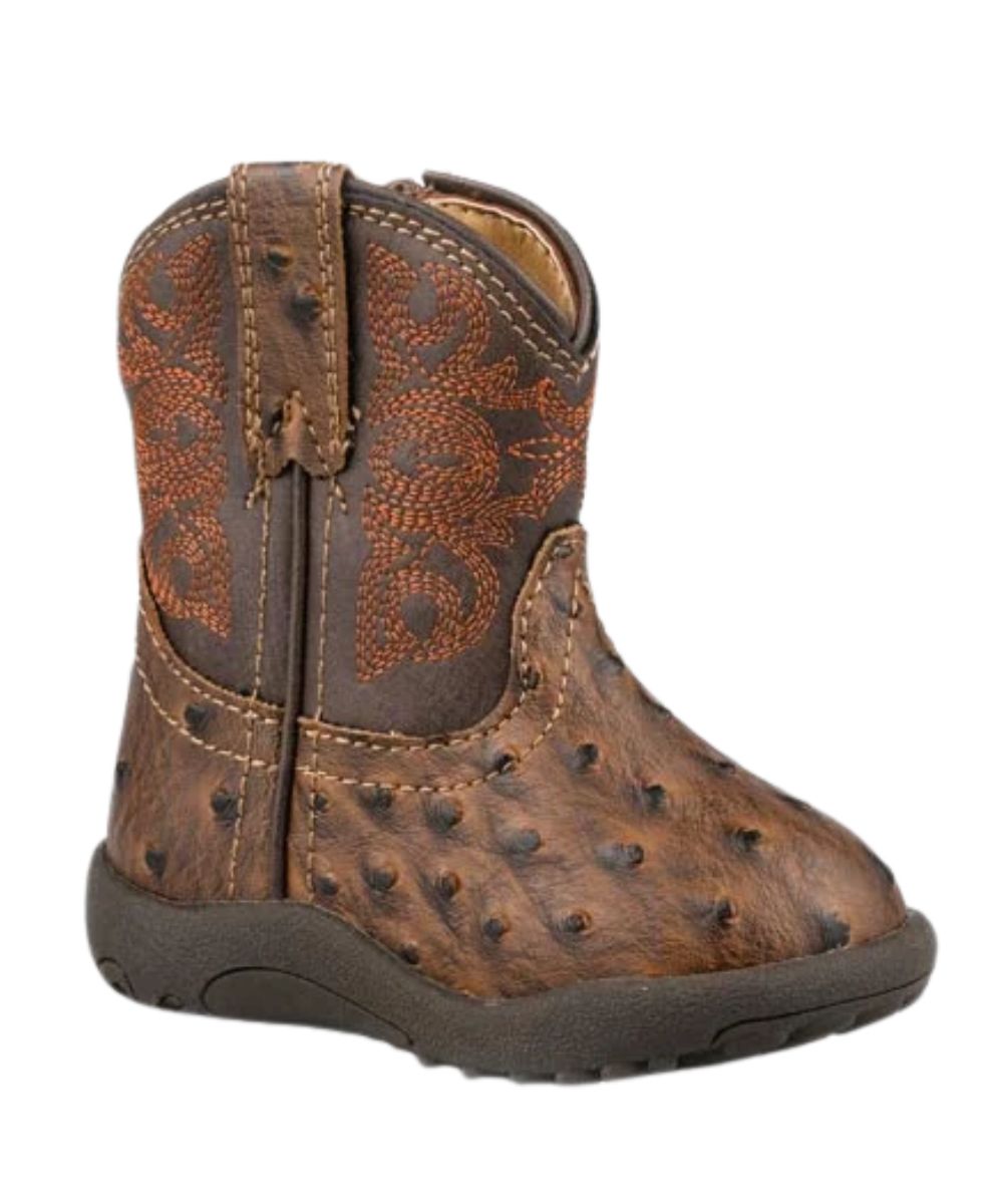 Right angled view of the infant cowbabies unisex Roper boot featuring the brown faux leather upper, faux ostrich vamp, side zipper for easy on/off, and a round toe