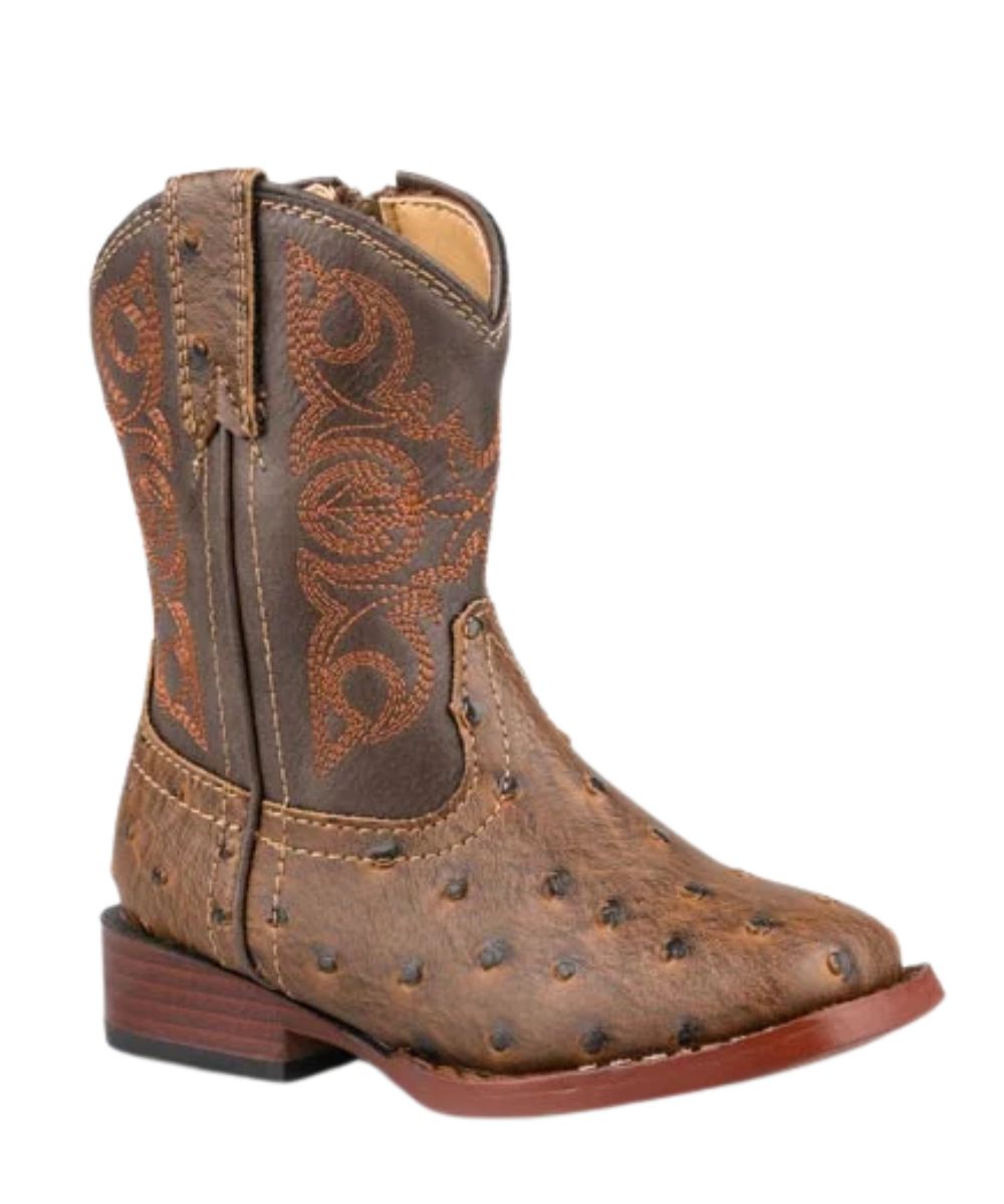 Roper Luke Toddler Brown Faux Ostrich Square Toe Western Boot Angled Side View