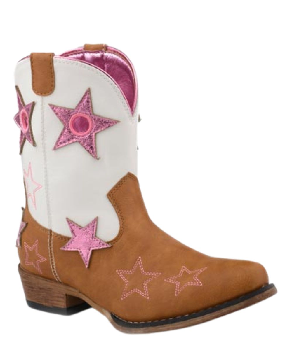 Right angled view of the little girl's faux leather Roper Snip Toe Fashion Boot featuring the tan vamp and white shaft with pull holes and metallic pink star overlays