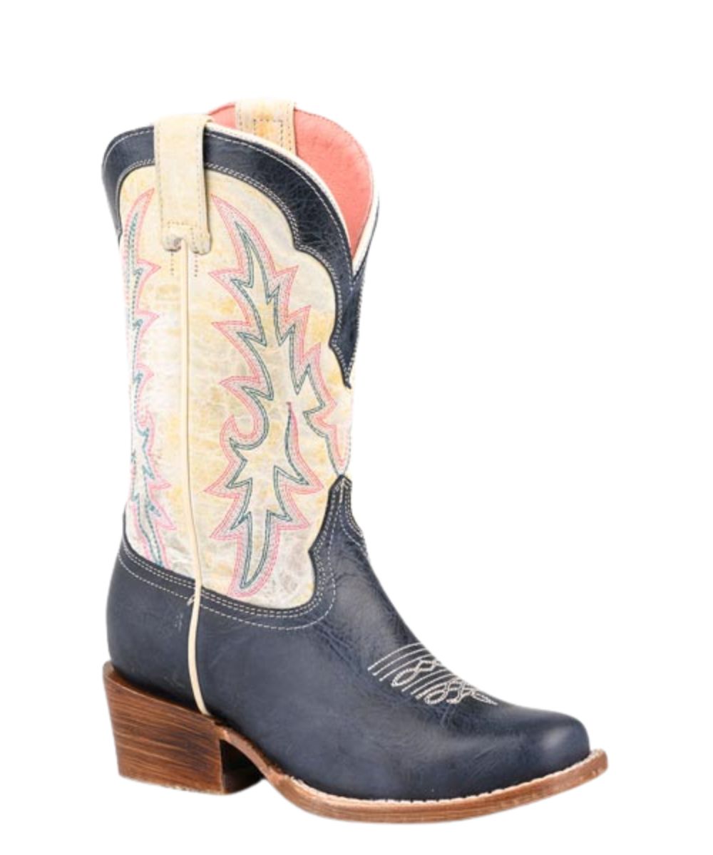 Right angled view of the little kids' 10" leather boot featuring a burnish blue vamp and cream shaft