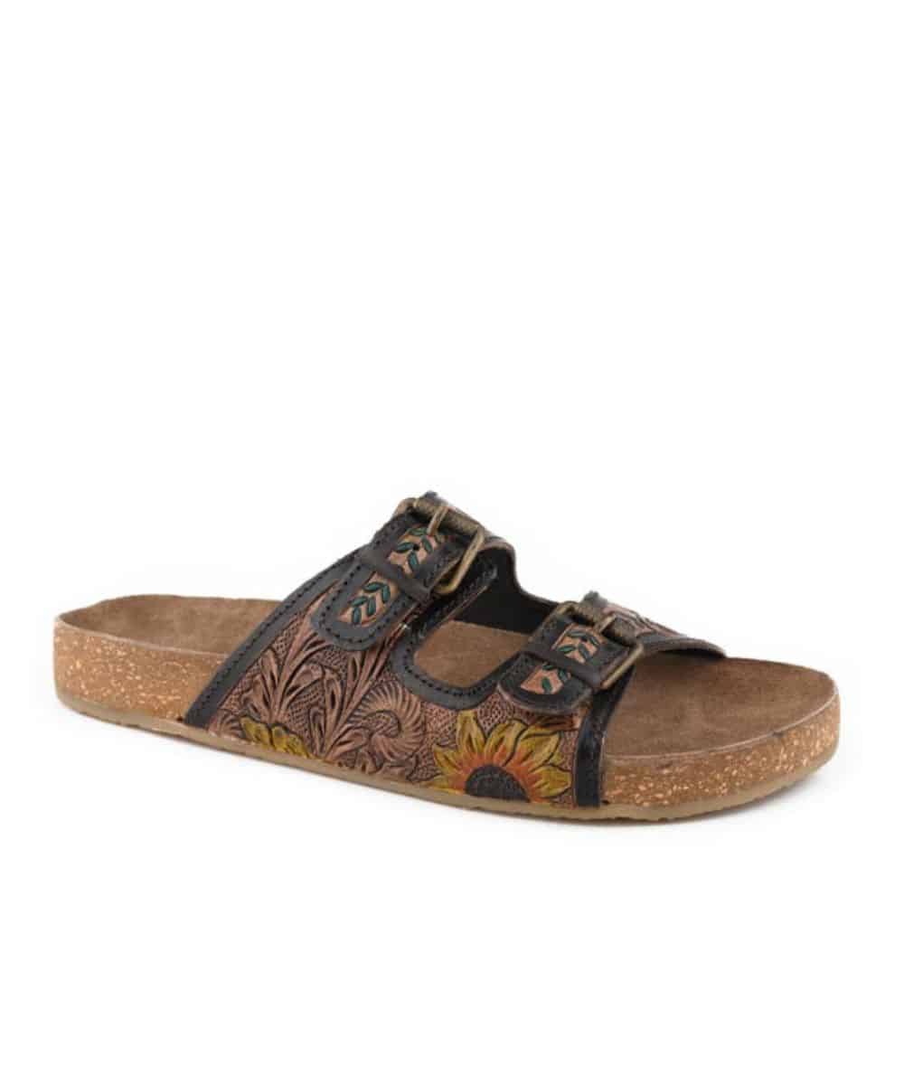 Women's Sunflower Floral Tooled Leather Sandal