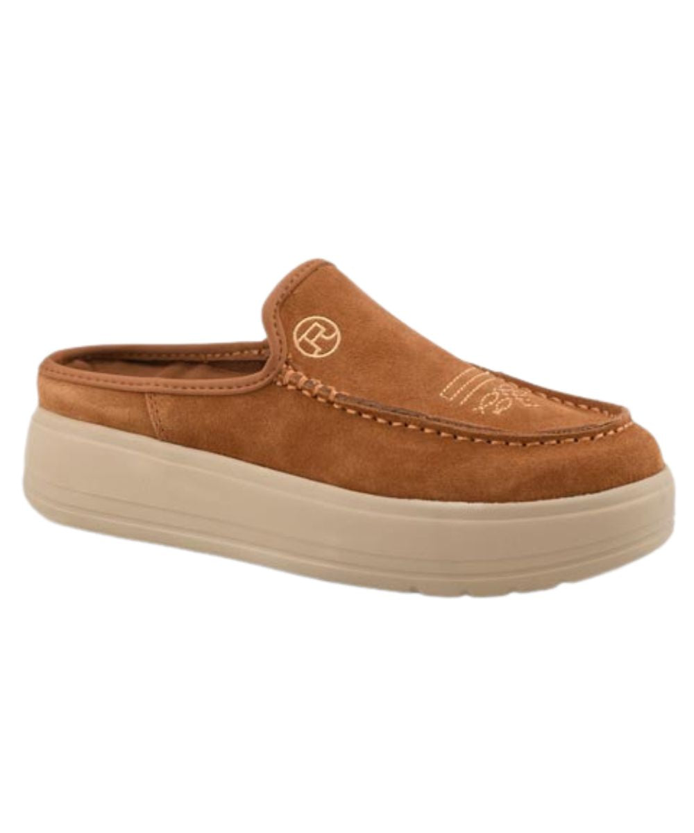 Right angled view of the women's cognac brown Roper Lila Suede Leather Western Sport Mule Shoe featuring the western toe bug stitched design on the vamp, platform sole, and the slip-on entry