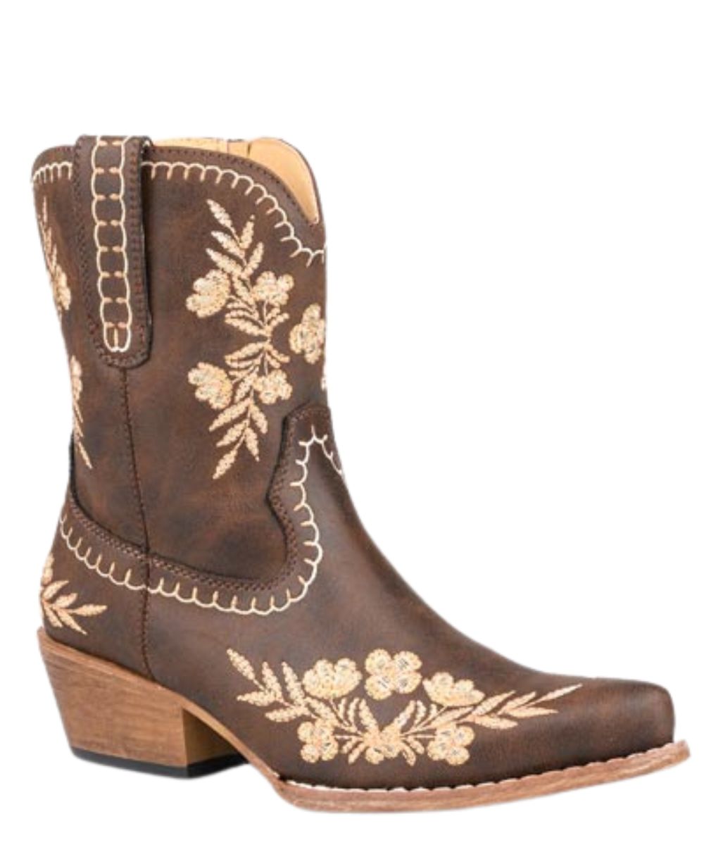 Right angled view of the women's vintage brown faux leather Roper Shorty Ankle Boot featuring the floral design, snip toe, and 8" shaft height