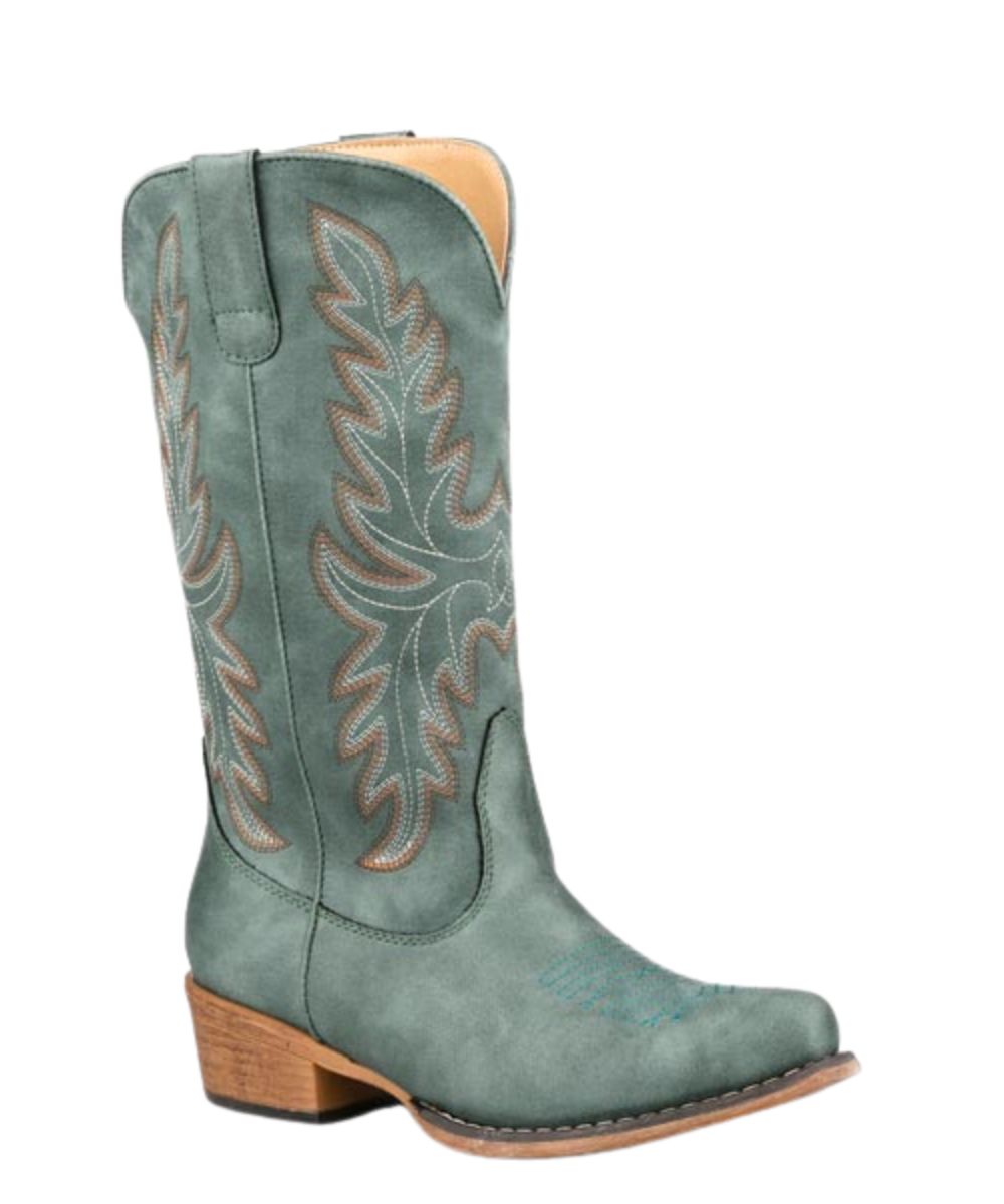 Right angled view of the women's Roper Turquoise/Green 12" Faux Leather Fashion Boot featuring the western stitched design on the shaft 1.5" heel, and the snip toe