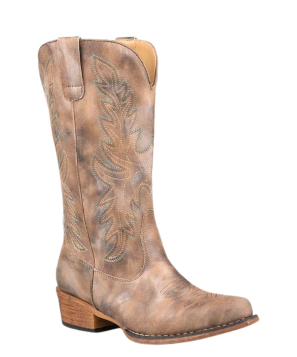 Right angled view of the women's vintage brown Roper Snip Toe Fashion Boot featuring the 12" shaft with a western embroidered design