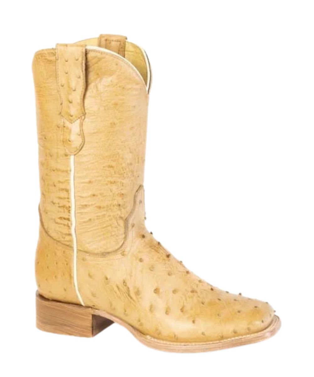 Right angled view of the women's tan ostrich exotic leather boot featuring the 11" shaft, square toe, leather walking heel, and pull tabs