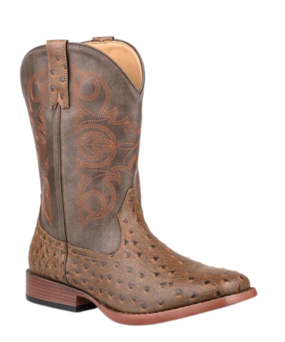 Right angled view of the unisex youth Roper brown faux leather boot featuring the faux ostrich printed vamp, western stitch design on the shaft, pull tabs, stockman heel, and a wide square toe