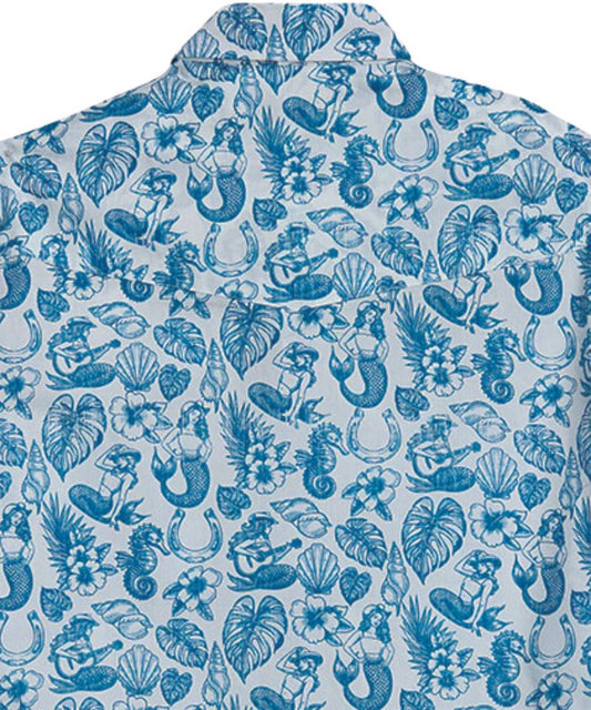 Close-up view of the nautical print and single point back western yoke