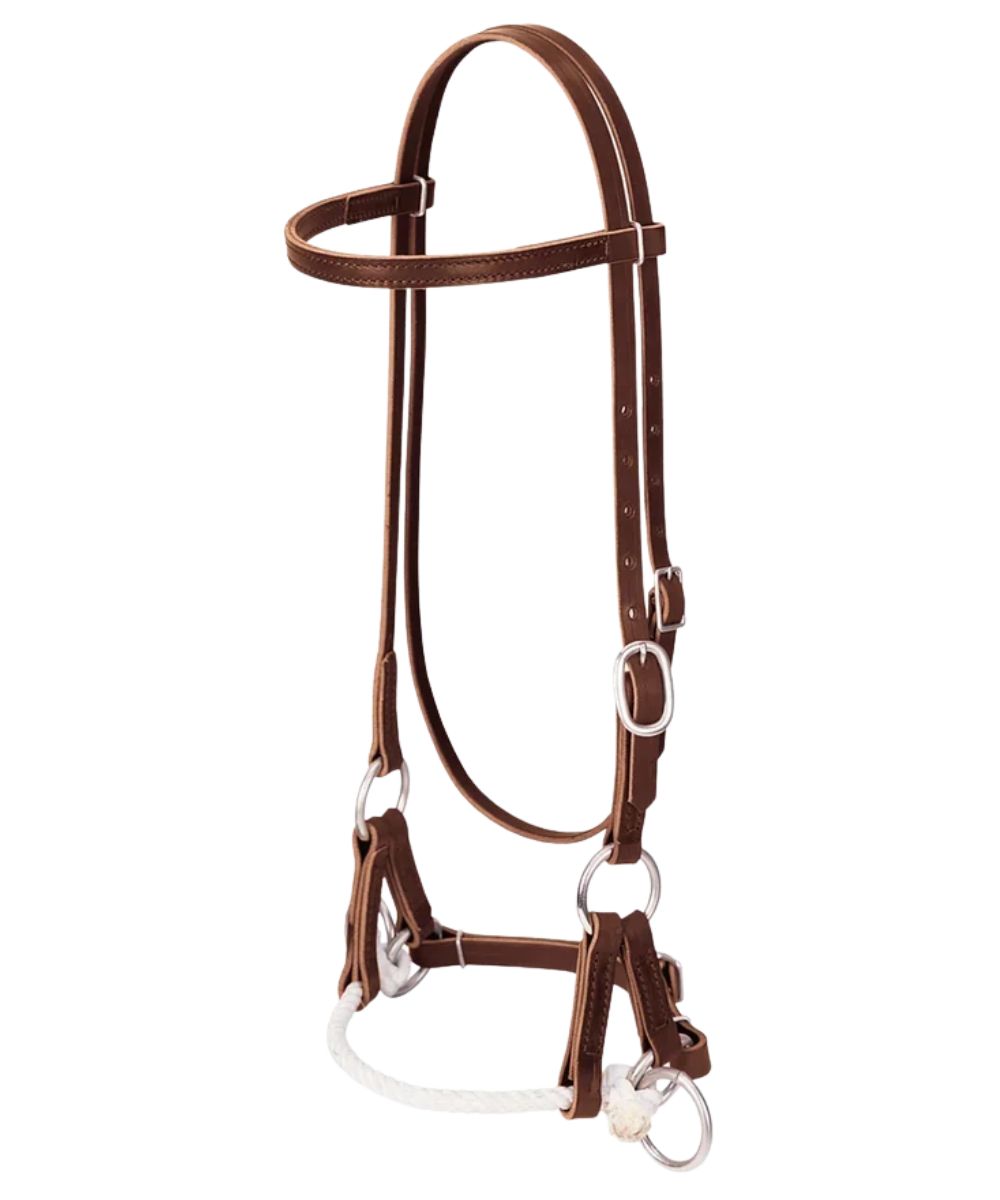 A brown leather horse bridle with nickel metal hardware and a white rope bit, shown against a plain white background.