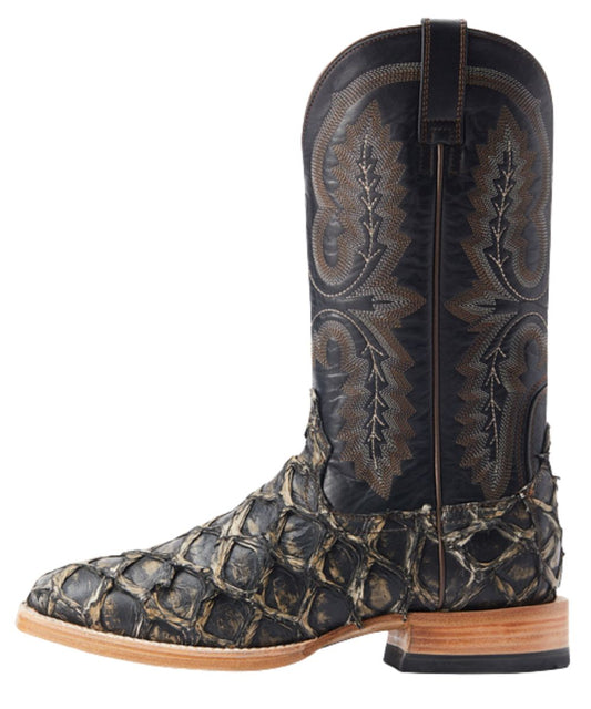 Distressed Black Pirarucu Fish Leather Vamp And Black Leather Shaft With Contrast Stitching