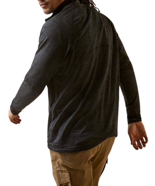 Back view of the stretch grid fleece rebar pullover.