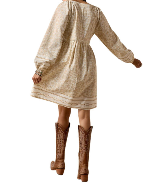Women's White Ariat Dress Featuring Western Styling, Border Print Detailing, And Above The Knee Length