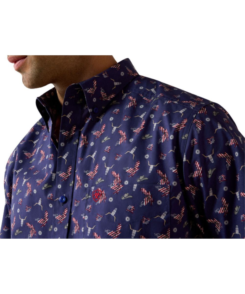 Close-Up View Of The Men's Short Sleeve Button Down Shirt Featuring The Open Chest Pocket With A Hidden Pen Slot And Button Down Collar