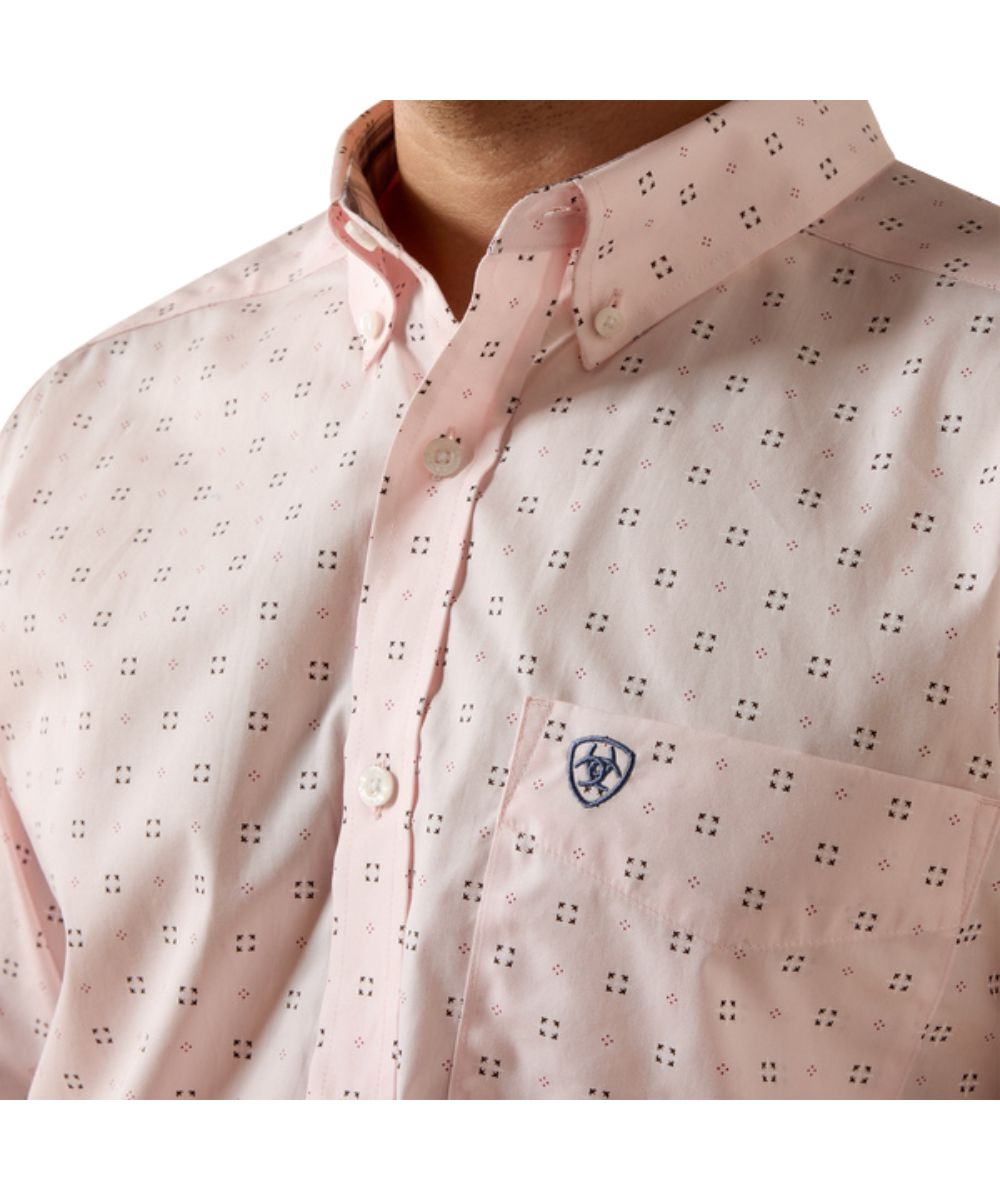 Close-Up View Of The Button Down Collar, Single Open Chest Pocket With Hidden Pen/Pencil Slot, And Geometric Print