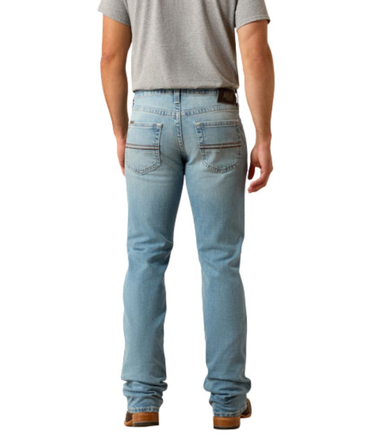 Back view of the men's m5 straight jean featuring a light wash, loop lock back belt loop, and straight fit