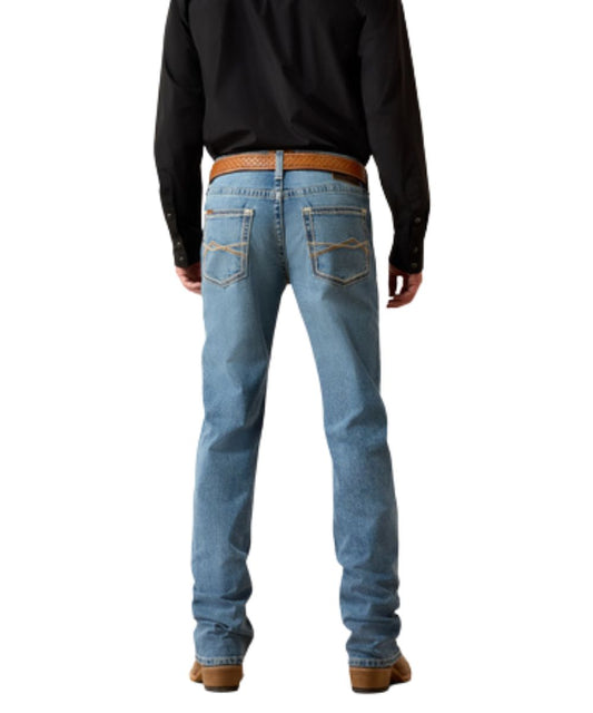 Back view of the men's medium wash straight jean featuring the mid rise and stretchable construction