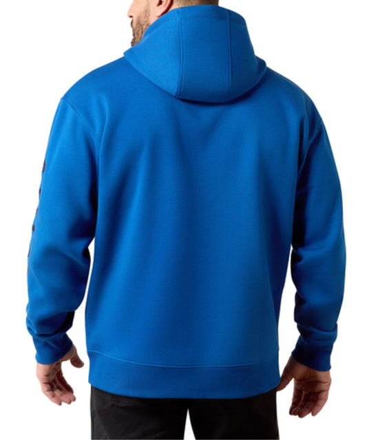 Back view of the men's long sleeve hooded sweatshirt in a royal blue color featuring the hooded collar and ribbed cuffs and hem