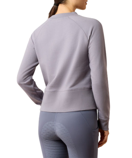 Back view of the women's quicksilver/grey long sleeve crew neck sweatshirt featuring the rib knit trim