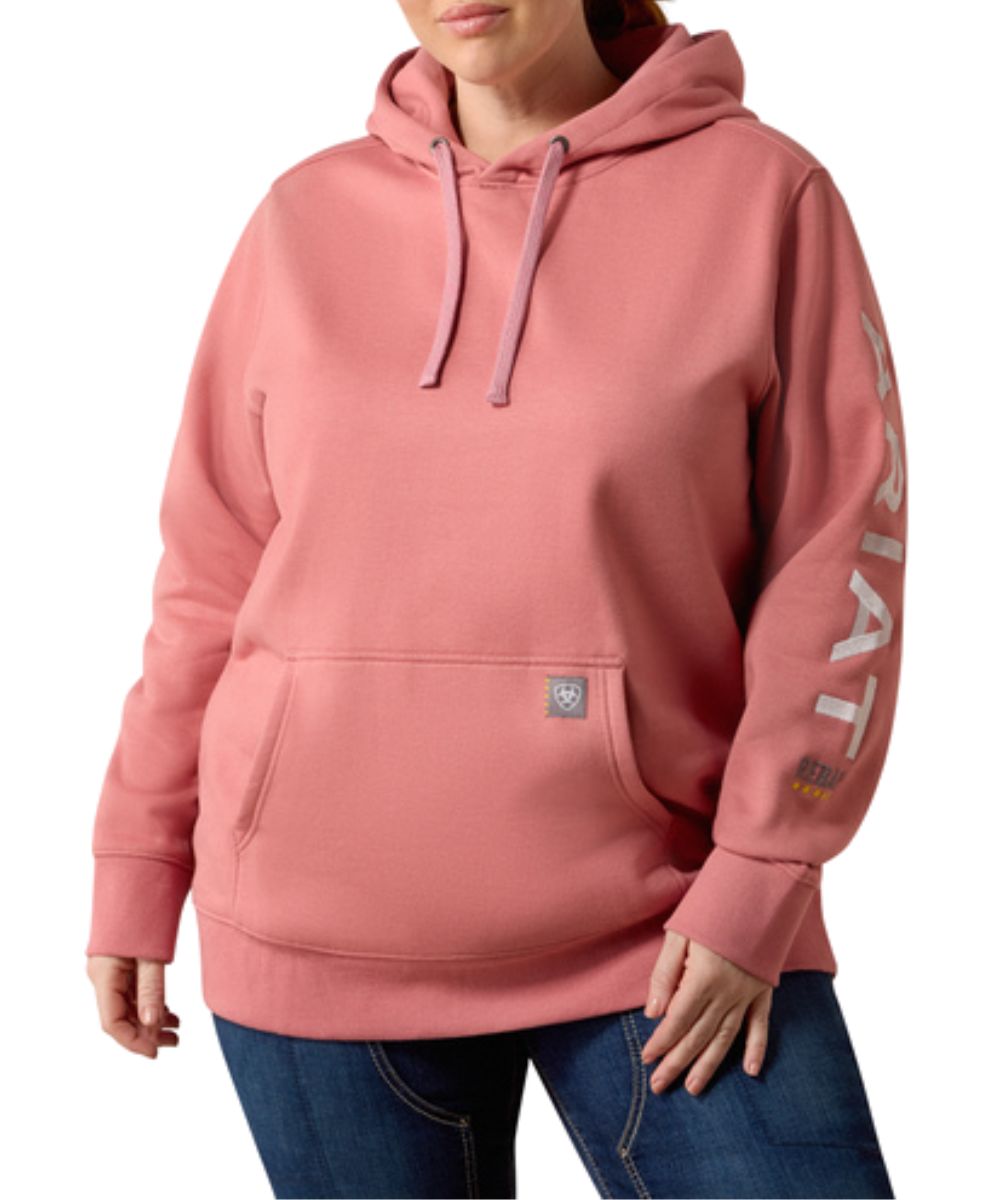 Plus size view of the women's Ariat Dusty Rose Heather Rebar Workman Graphic Hoodie