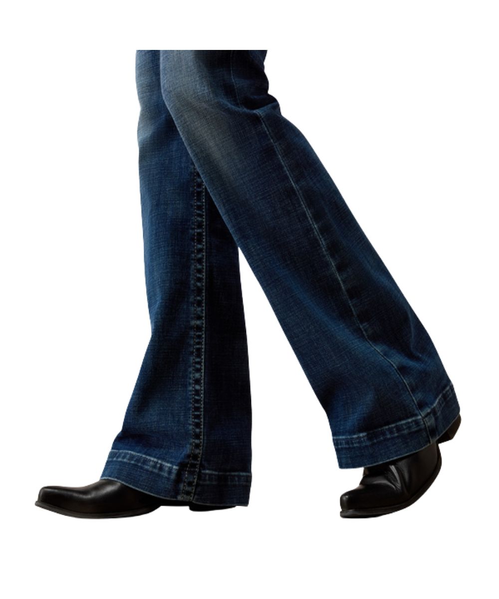Leg view of the wide leg featuring the trouser hem in the women's high rise teresa decatur slim jean