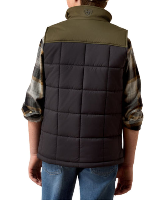 Back view of the boy's phantom insulated vest featuring the olive color blocked yoke