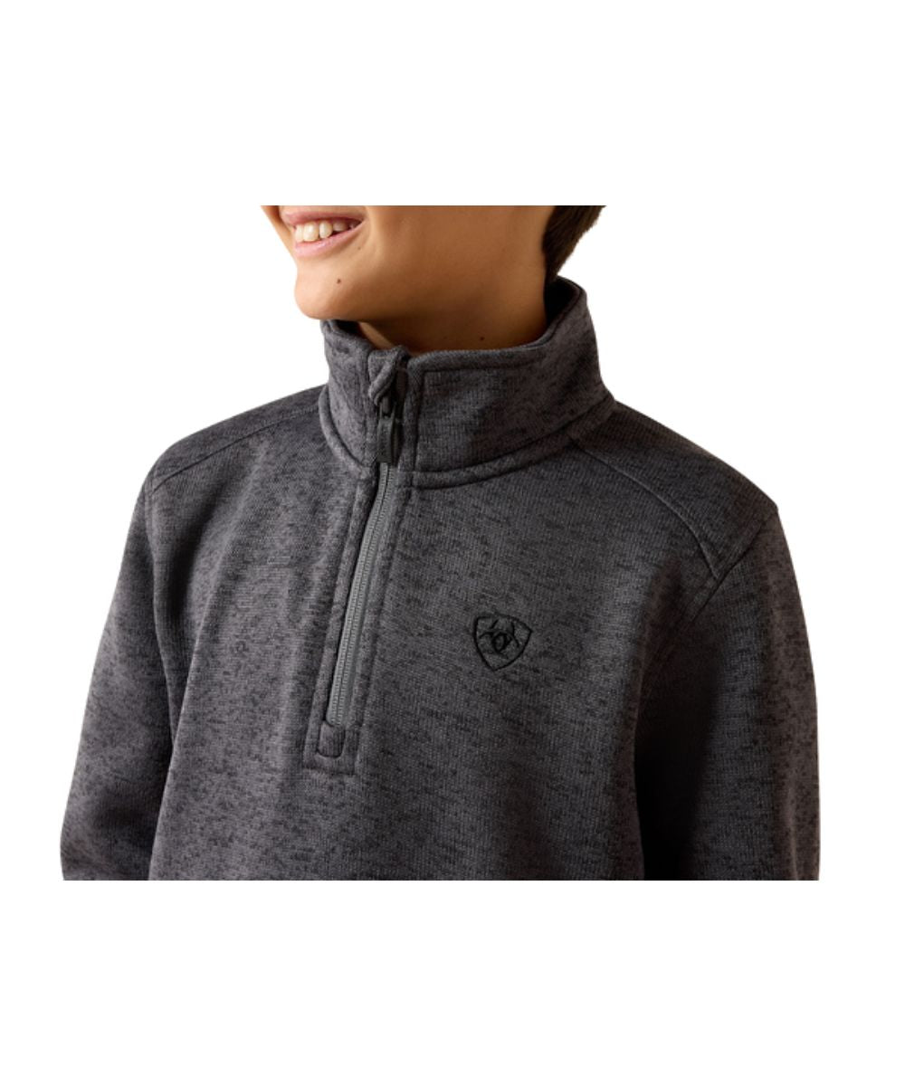 Close-up view of the iron gate/grey color and 1/4 zip closure