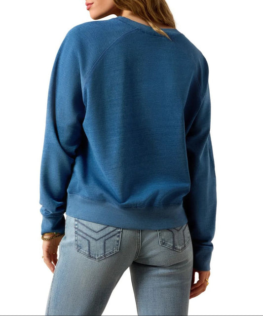 Back view of the women's Ariat indigo wash crew sweatshirt