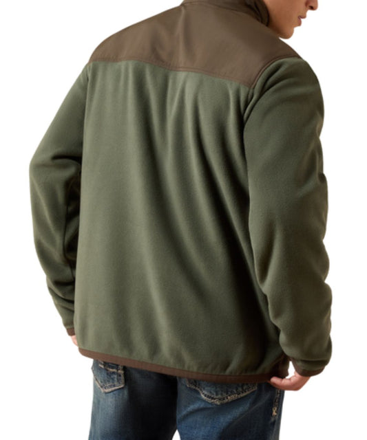 Back view of the men's fleece thyme desert sweater featuring the color blocked western yokes