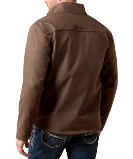 Back view of the men's wren brown softshell jacket featuring the logo embroidery