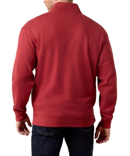 Back view of the men's long sleeve 1/4 zip pullover in brick red featuring the solid print