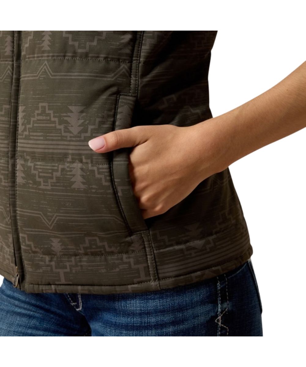 Close-up view of the handwarmer pockets and the rockwell/southwestern print
