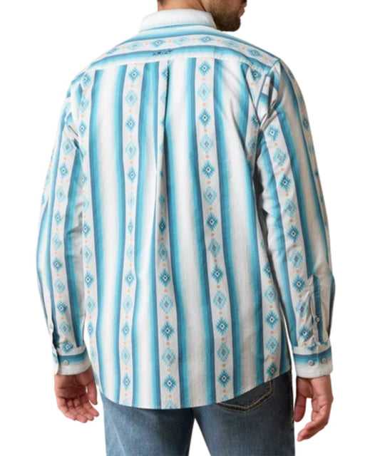 Back view of the men's blue and white serape striped long sleeve button down shirt featuring the classic fit with extra length in the body and sleeves and the straight back yoke with a box pleat