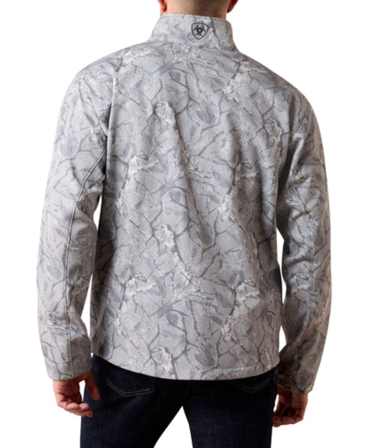 Back view of the men's grey camo logo softshell jacket