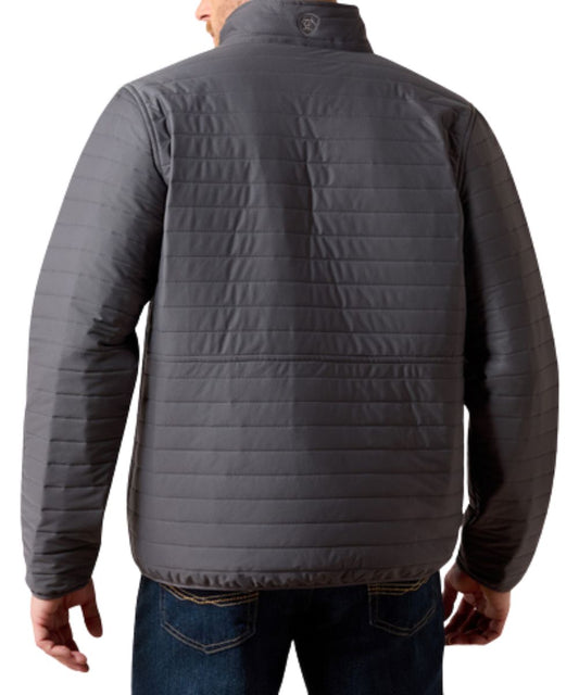 Back view of the men's long sleeve iron gate jacket featuring the subtle quilting and water-repellent finish