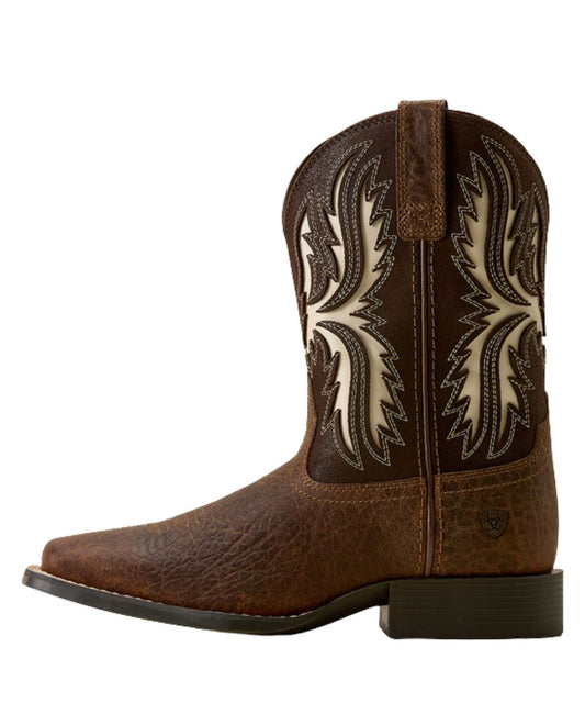 Left side view of the earth brown youth western boot featuring leather pull tabs for an easy on