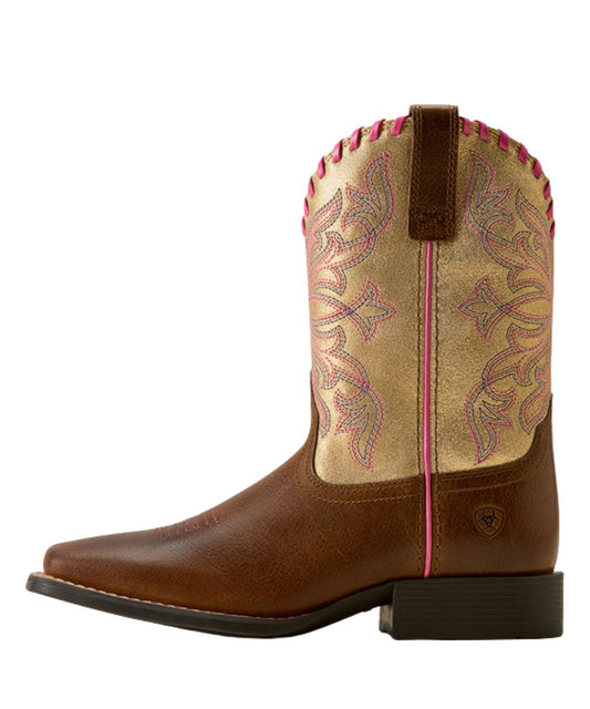 Left side view of the girl's 8" leather western boot featuring pink piping