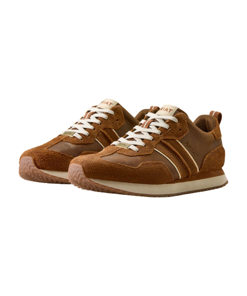 Pair view of the men's brown suede and leather sneaker featuring the 3" height, lace-up entry, and round toe