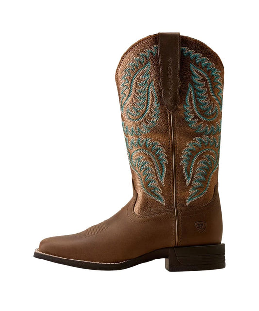 A single brown leather cowboy boot with turquoise and white embroidered detailing on the shaft, shown in profile against a white background.