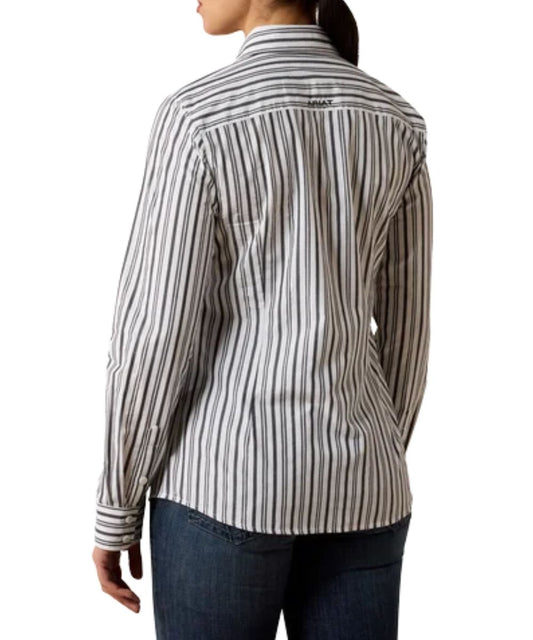 Back view of the women's black and white long sleeve striped button down shirt featuring the straight back yoke