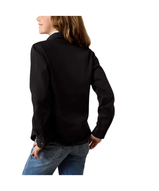 A girl shown from the back wearing a black long-sleeve snap shirt and blue jeans against a plain white background.