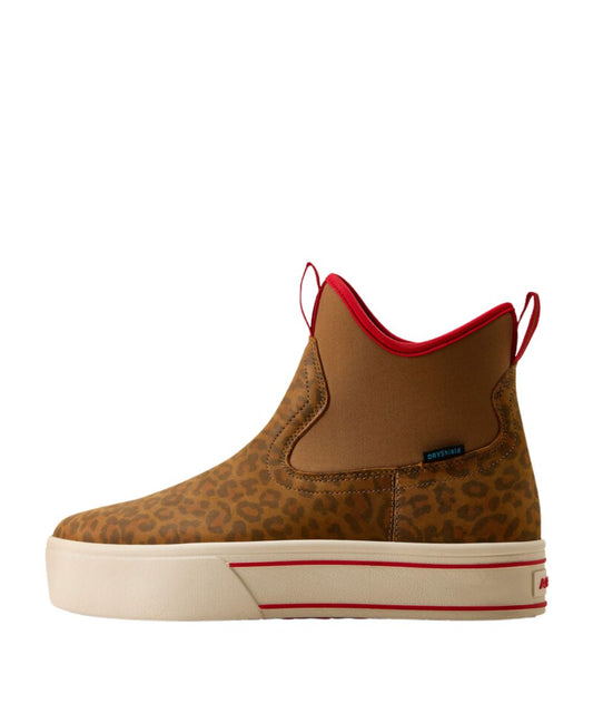 A mid-top slip-on ankle boot with a brown leopard print upper, neoprene side panels, a red pull tab and lining, and a thick white-colored platform sole with a red stripe.