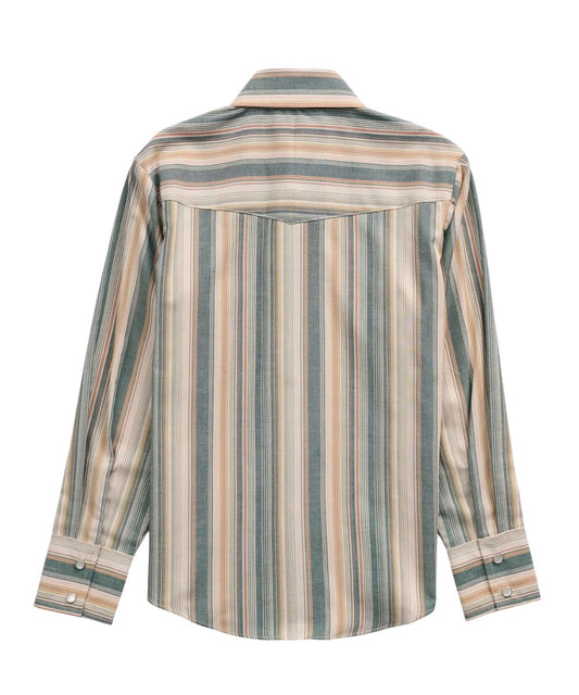 Back view of the boy's long sleeve western pearl snap shirt featuring the easy care fabric, western yoke, and snap cuffs