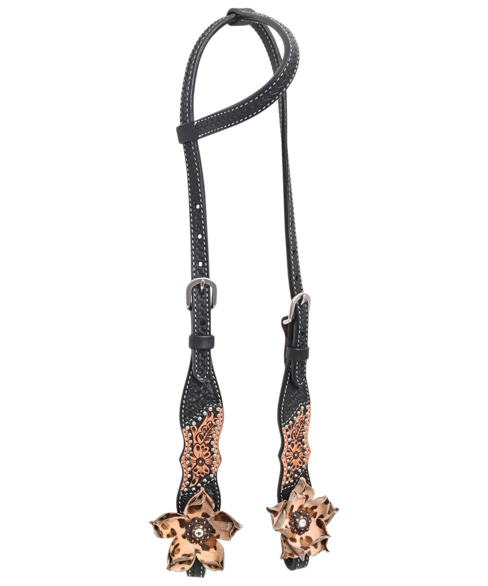 Circly Y black single ear headstall featuring the double ply leather construction, floral and geometric tooling, silver spots, leopard print leather flowers, stainless steel hardware, and the adjustable sliding ear
