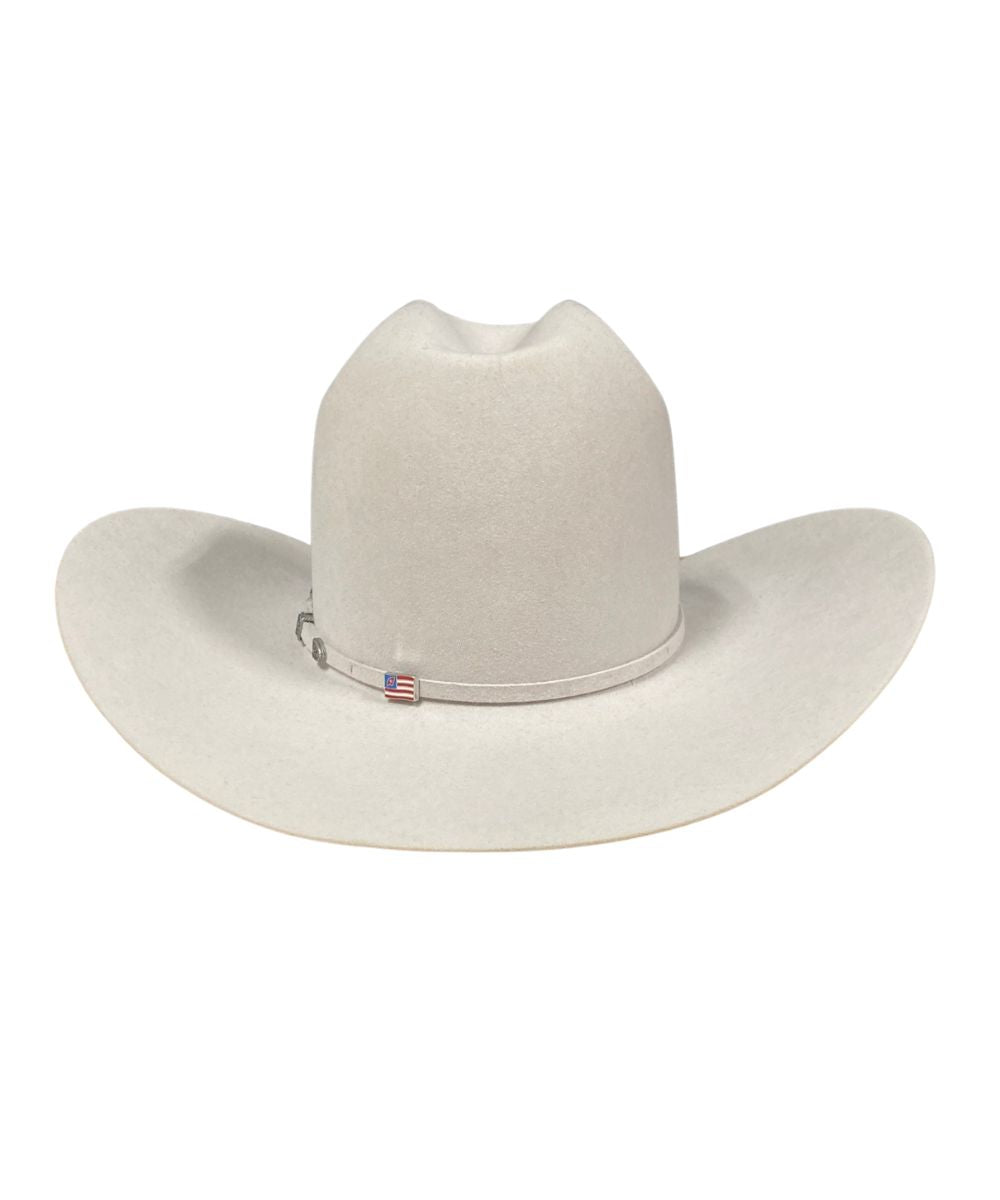 Back view of the 10x silver sand felt hat featuring the american hat logo pin